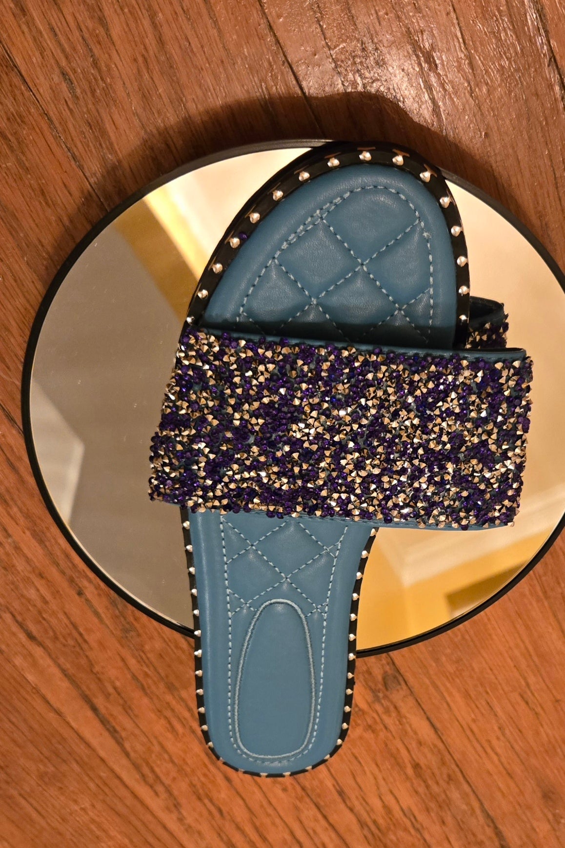 Pretty Diamond Slippers - Show My Toes in blue with purple rhinestones, flat open-toe flops on mirror, great for summer fashion.
