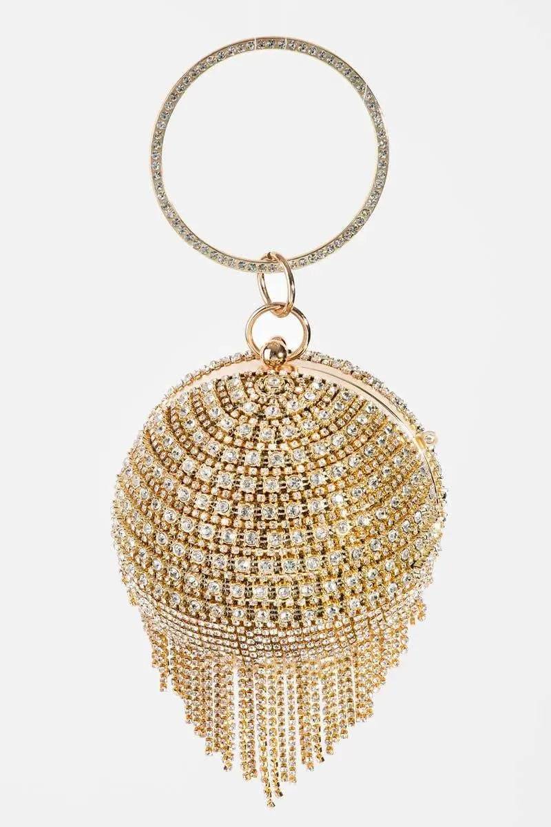 Large Rhinestone Fringe Sphere Clutch-Silver.