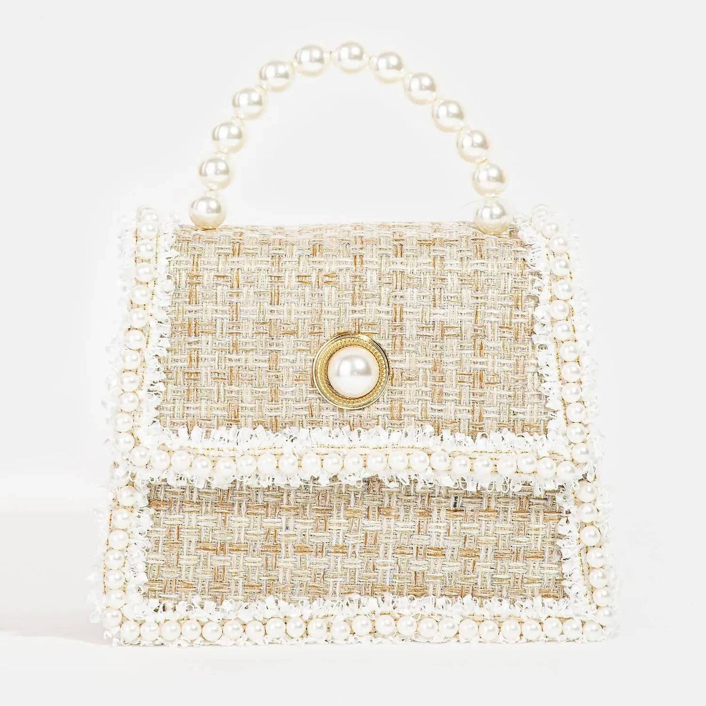 Pearly Studded Woven Handbag-Black.