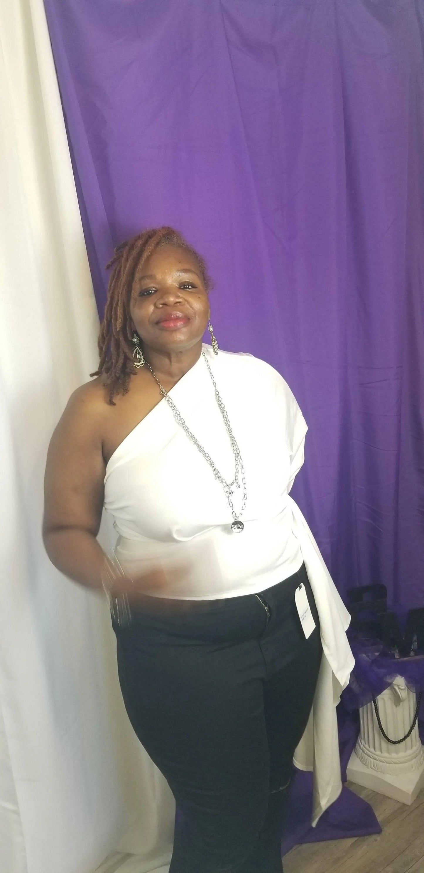 Plus Size One Shoulder Waist Strap Top-White.