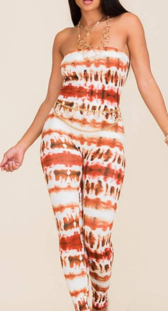 Tie Dye Strapless Jumpsuit-Orange.
