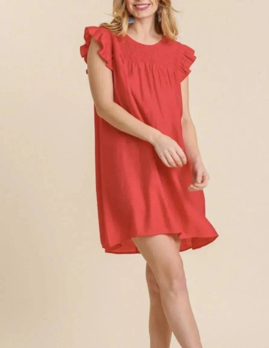 Gracelyn Yoke Mini Dress-Cherry Red.