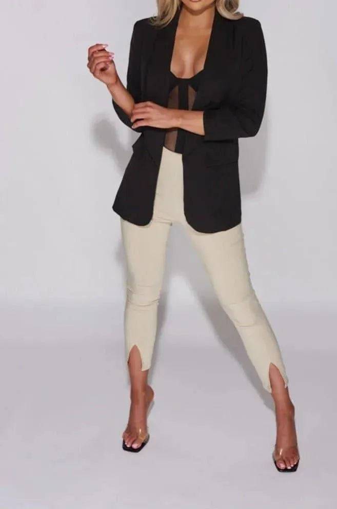 Lapel Detail Ruched Sleeve Blazer with Pintuck Tapered Trousers Set-Black.