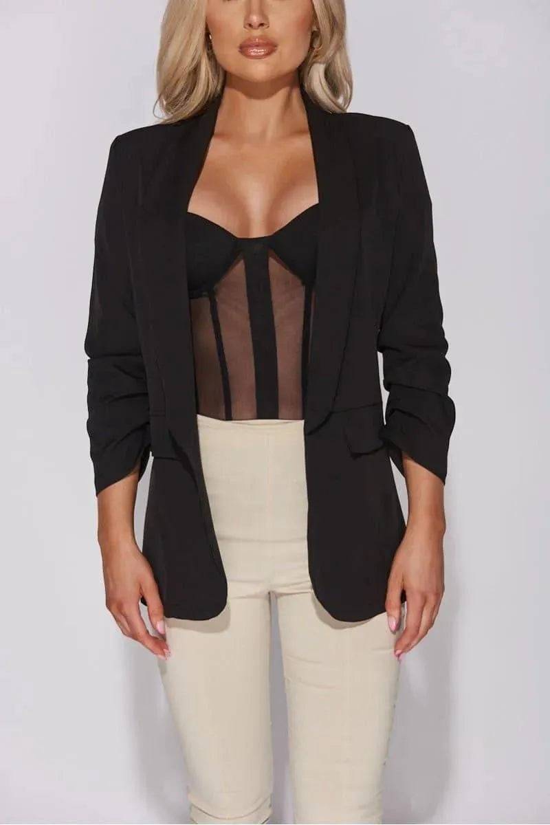 Lapel Detail Ruched Sleeve Blazer with Pintuck Tapered Trousers Set-Black.