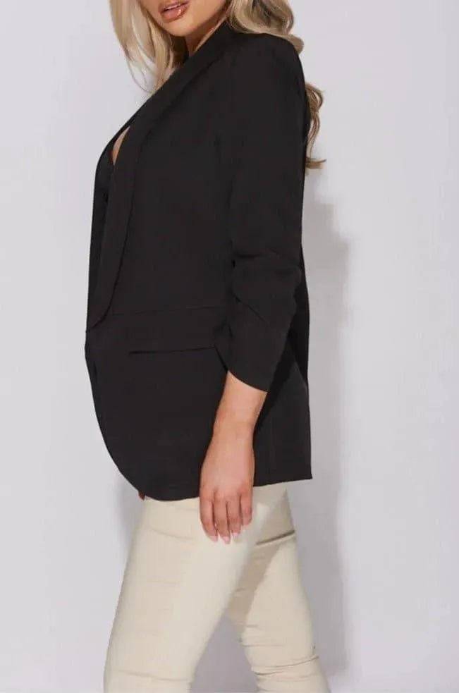 Lapel Detail Ruched Sleeve Blazer with Pintuck Tapered Trousers Set-Black.