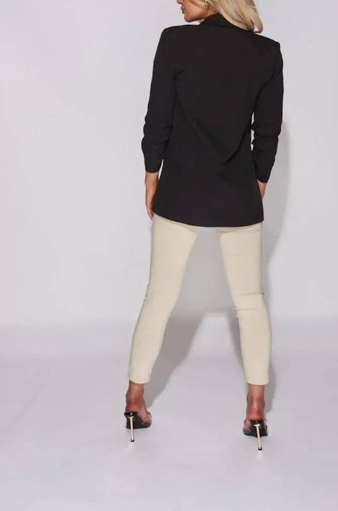 Lapel Detail Ruched Sleeve Blazer with Pintuck Tapered Trousers Set-Black.