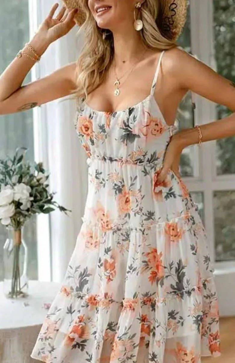 Lovely Floral Mini Dress-Cream.