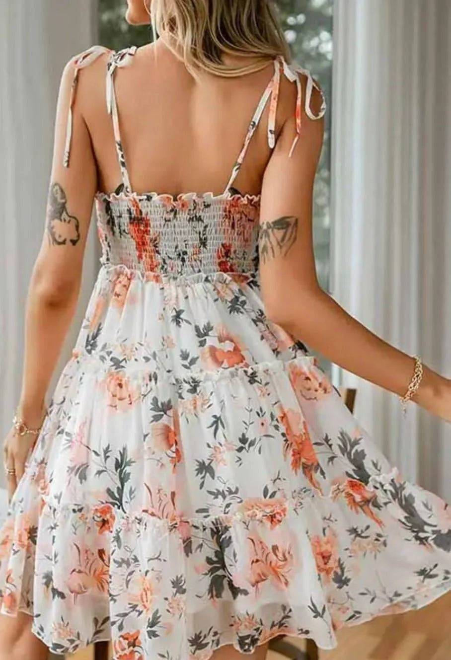Lovely Floral Mini Dress-Cream.