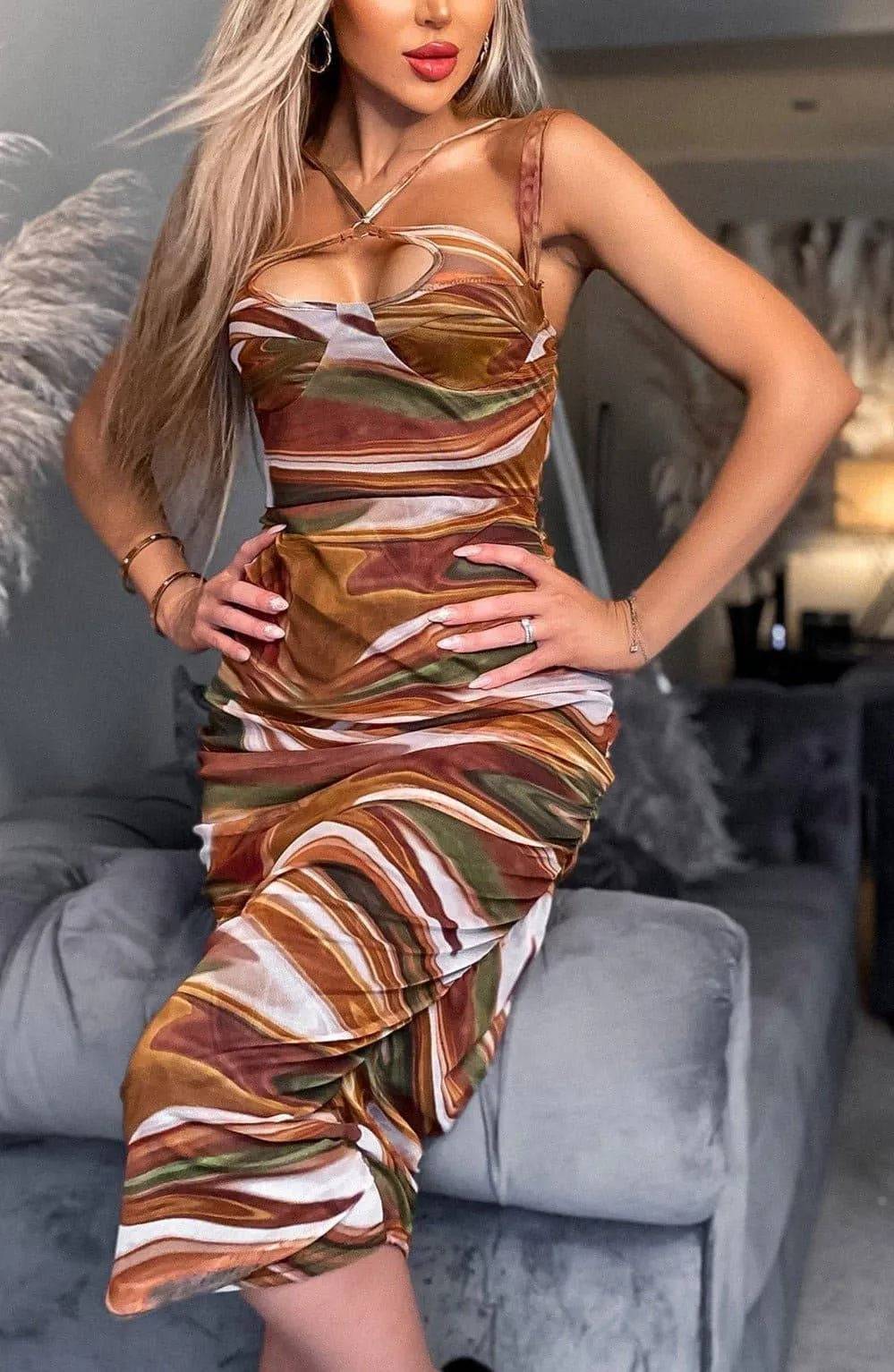 Marilka Patterned Mesh Insert Dress-Brown.