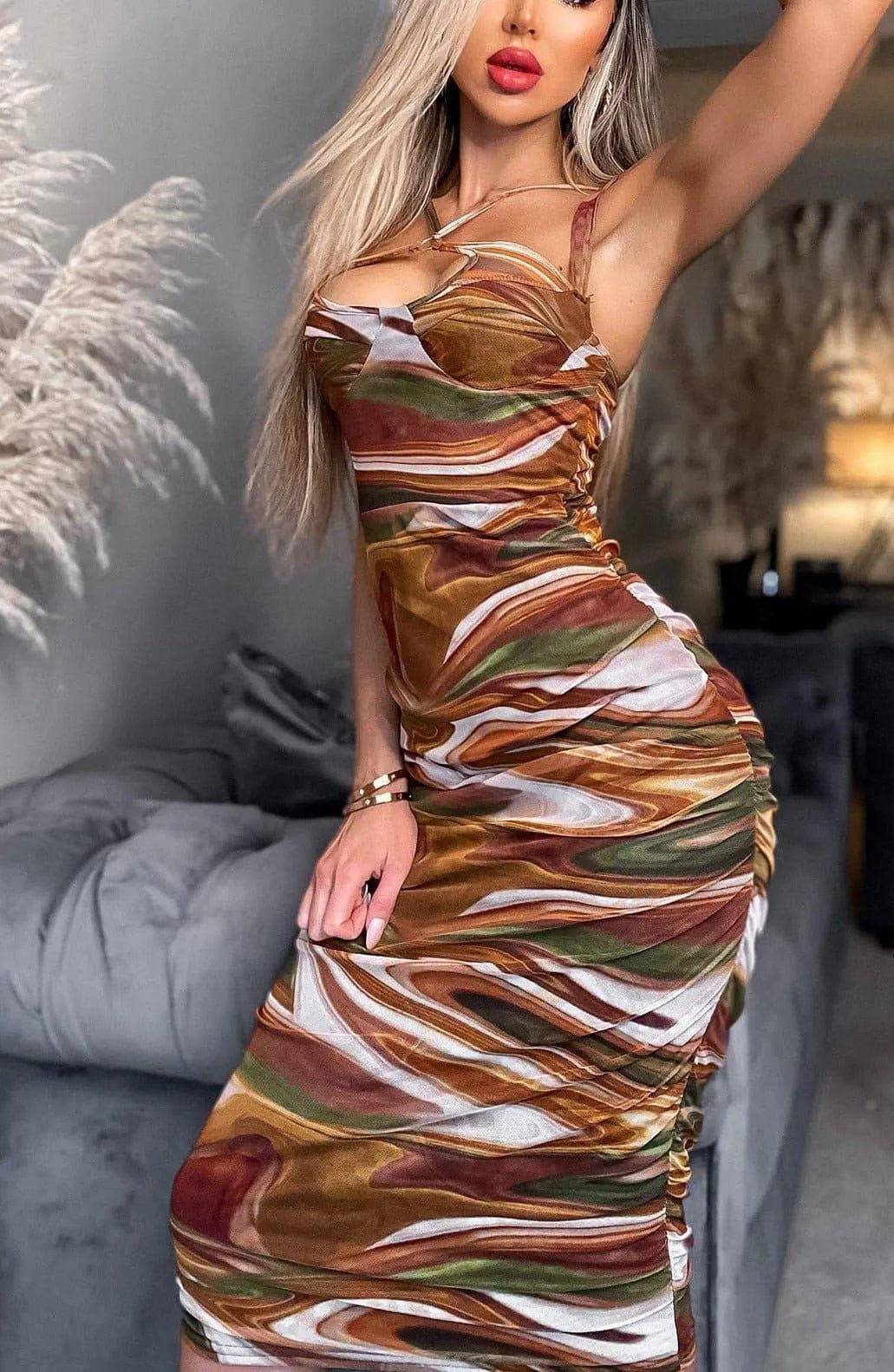 Marilka Patterned Mesh Insert Dress-Brown.