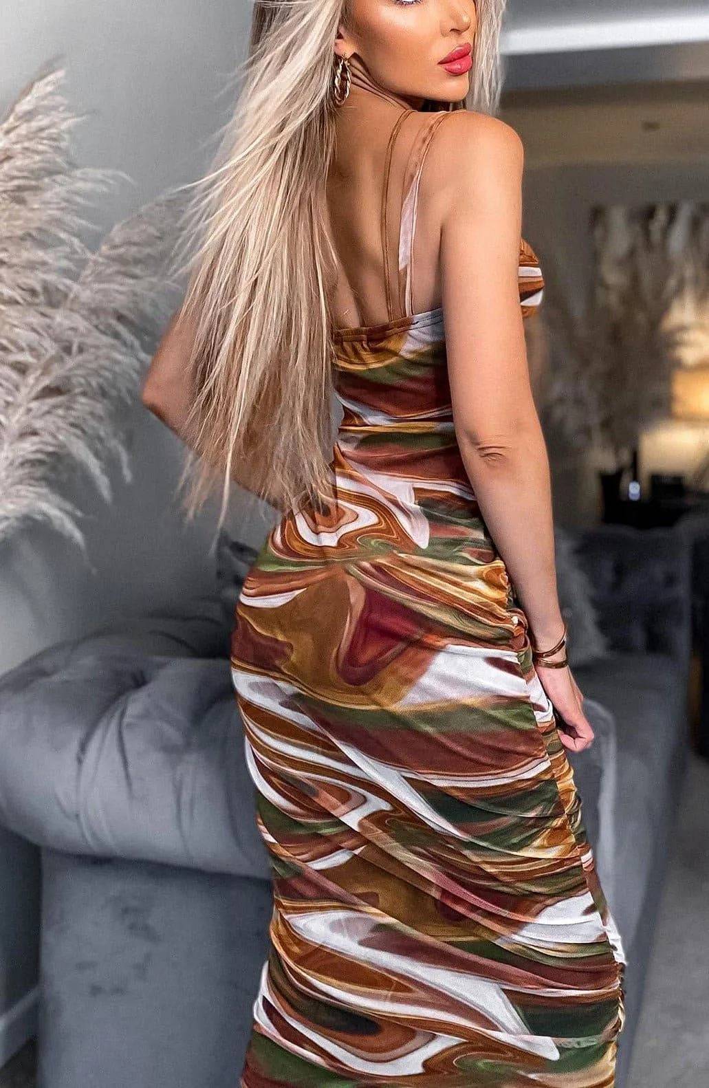 Marilka Patterned Mesh Insert Dress-Brown.