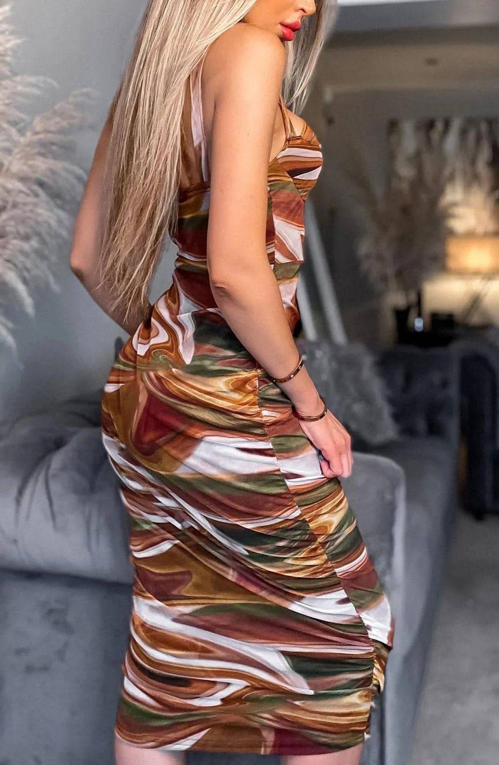 Marilka Patterned Mesh Insert Dress-Brown.