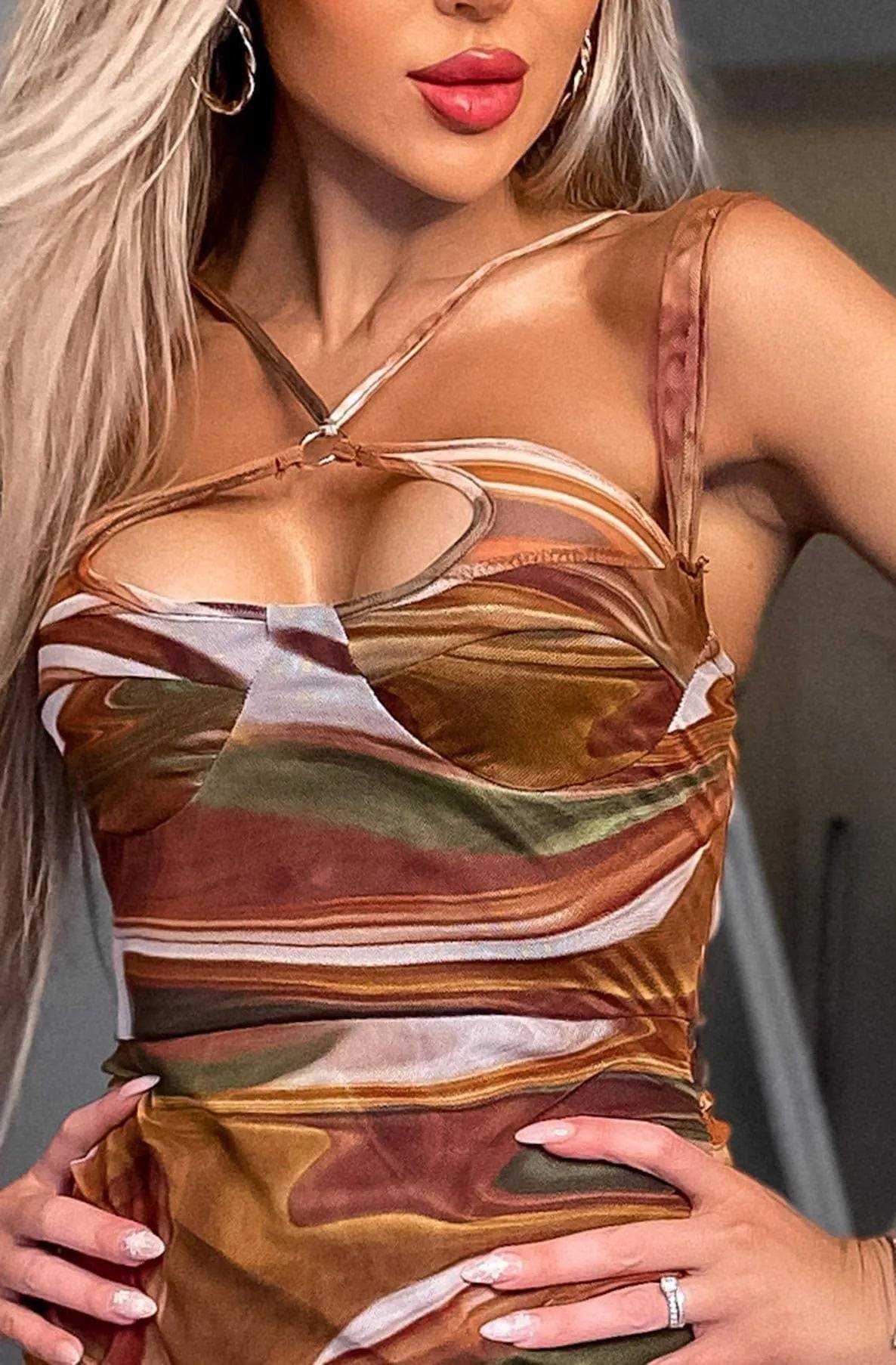 Marilka Patterned Mesh Insert Dress-Brown.