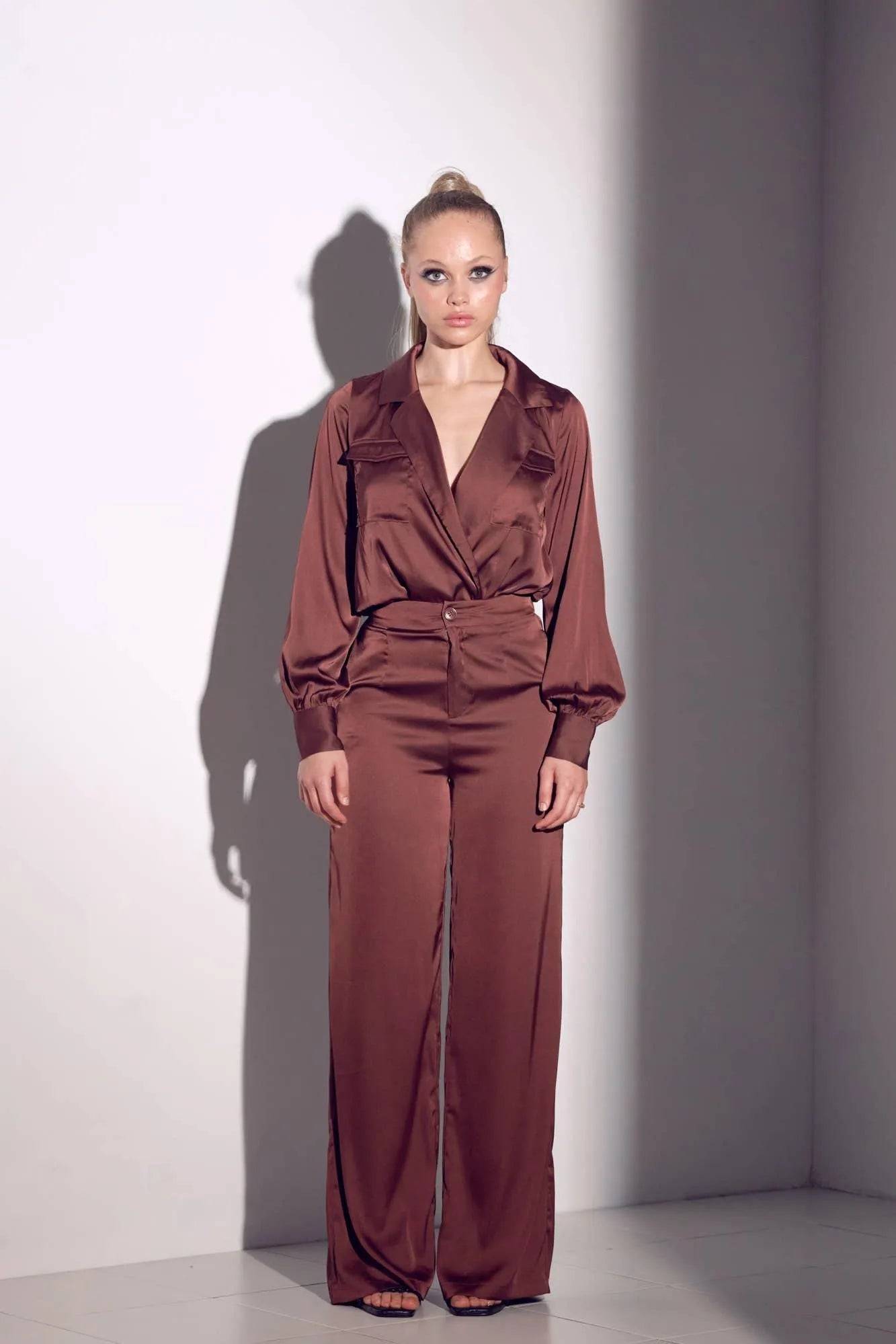 Molly Bee satin 2-piece pant set in chocolate from My Sexy Black, featuring stylish matching pants and top.