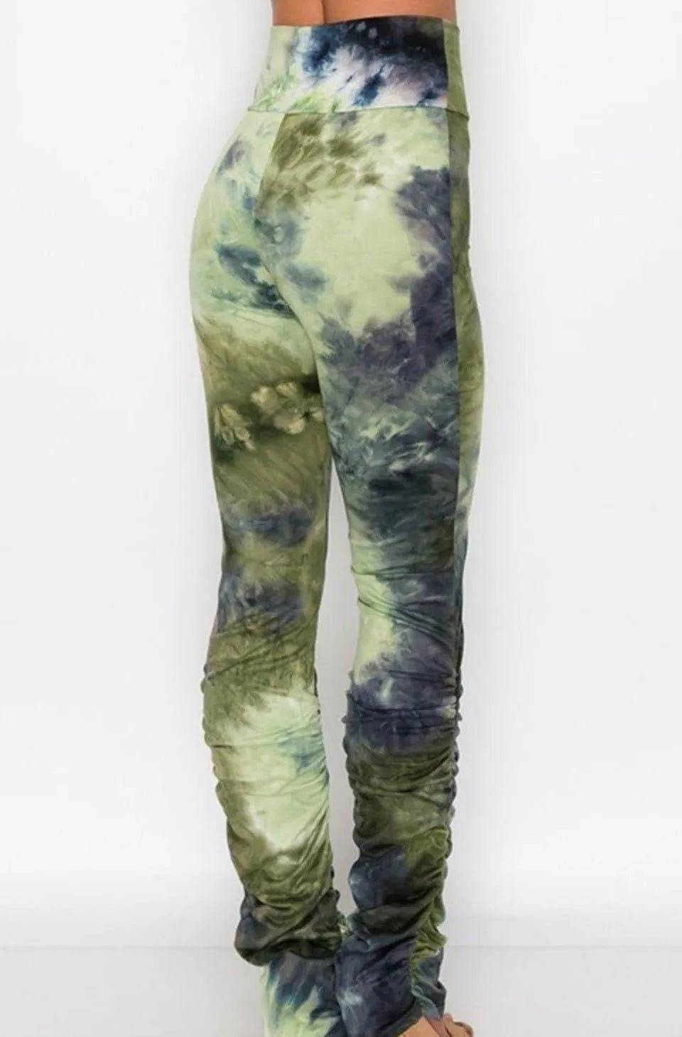 Olive-colored Pam leggings with ruching detail from My Sexy Black Boutique, shown on a mannequin.