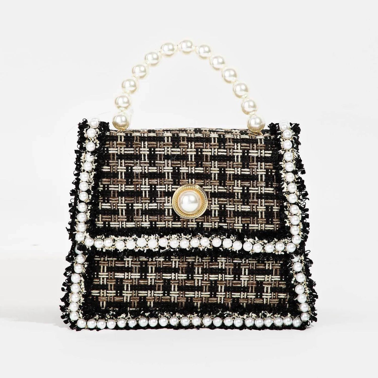 Pearly Studded Woven Handbag-Black.