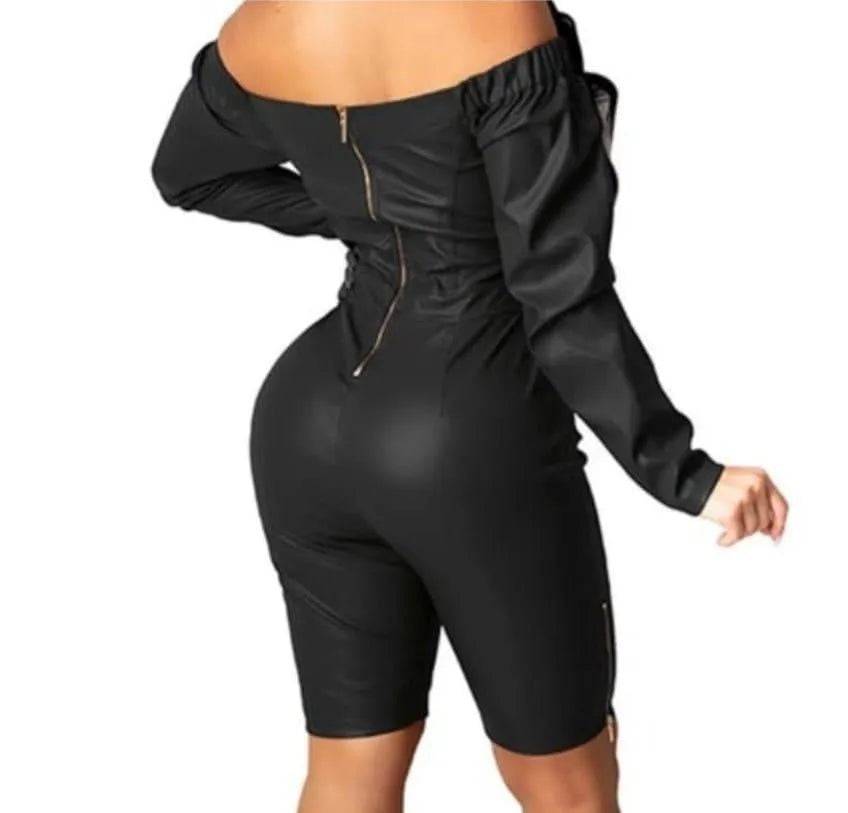 Sexy PU Leather Jumpsuit-Brown.