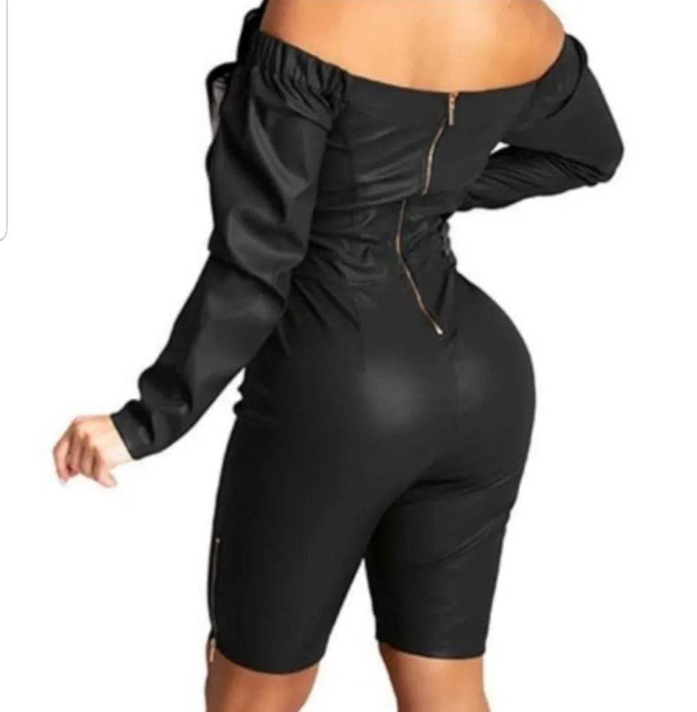 Sexy PU Leather Jumpsuit-Brown.