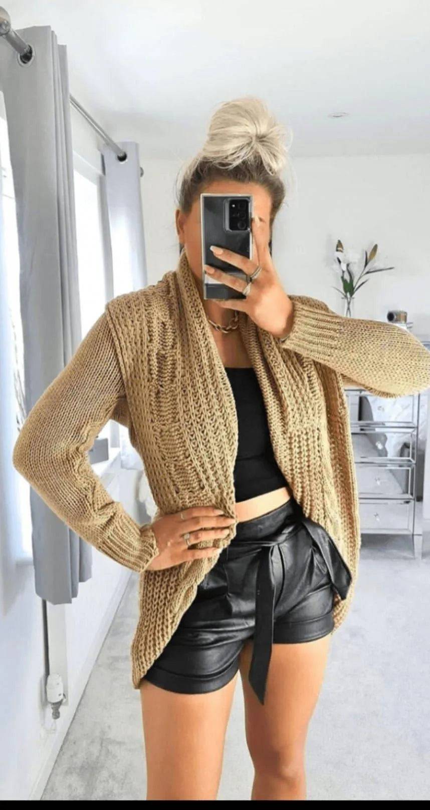 Tammi Shawl Collar Longline Cardigan-Camel.