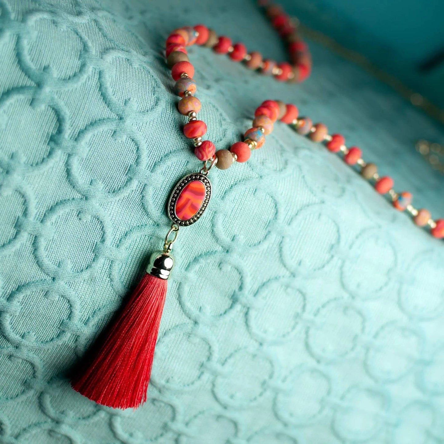 Tassel Beaded Necklace-Coral Crush.