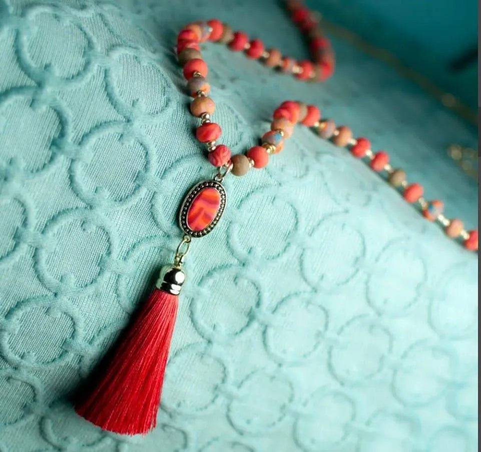 Tassel Beaded Necklace-Coral Crush.