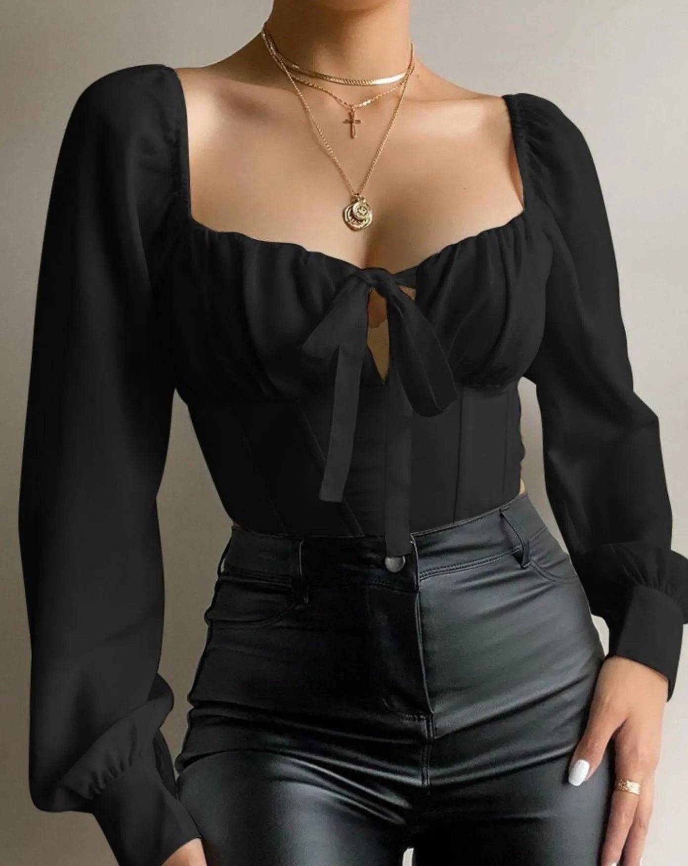 Tie Ruched Top-Black.