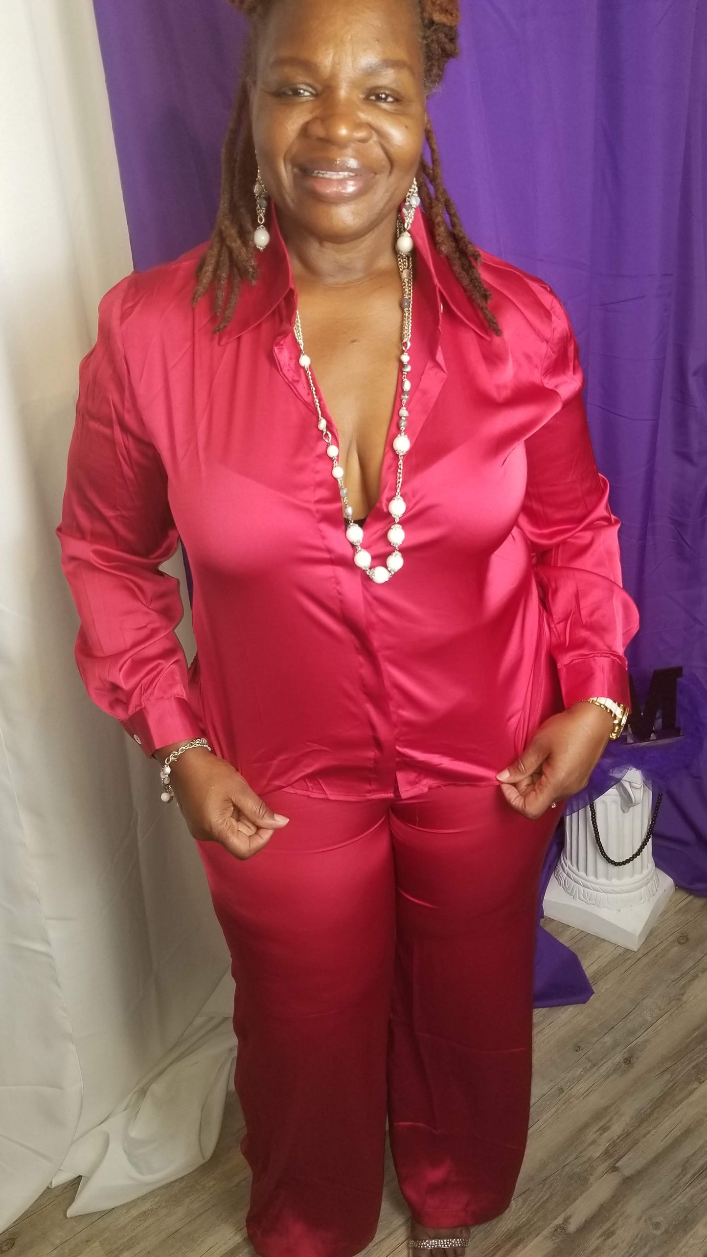 Kassi Satin Top and Pant Set-Red