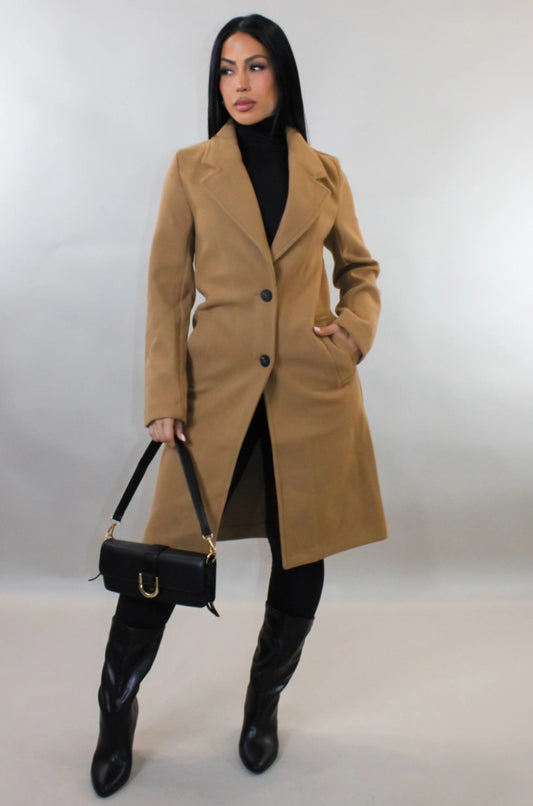 My Sexy Black Brace Me Coat-Tan for women, stylish coat with tan color, perfect for cold weather and fashion-forward outfits.
