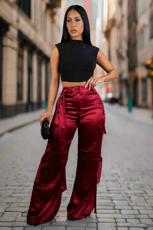 Red Can't Wait Cargo Pants by My Sexy Black Boutique featuring multiple pockets and a stylish, relaxed fit.