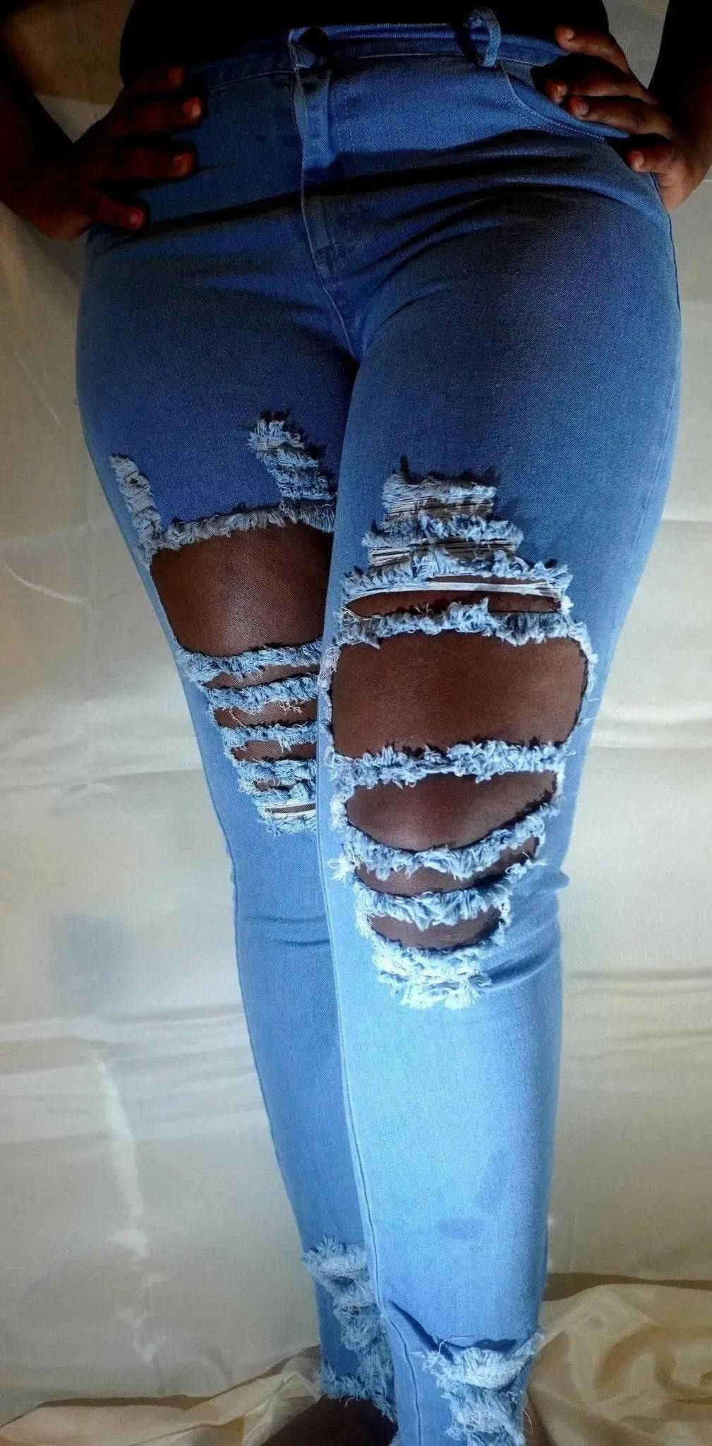 Modern Light Blue Ripped Fitted Jeans for Women | Mysexyblack