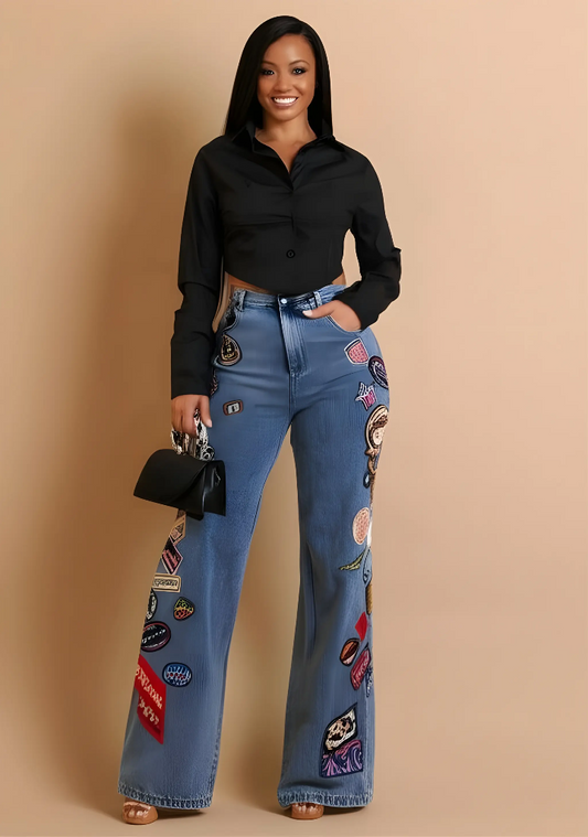 Women's blue patch denim jeans by My Sexy Black featuring stylish patchwork design and classic fit.