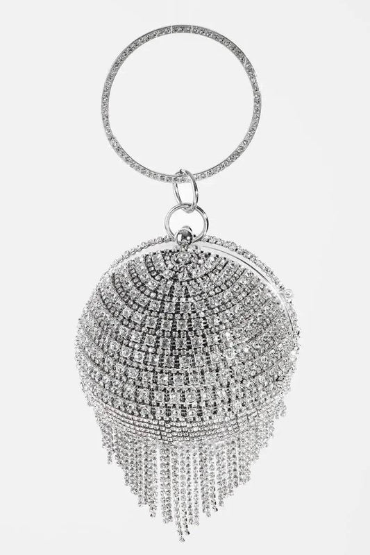 Large Rhinestone Fringe Sphere Clutch-Silver.