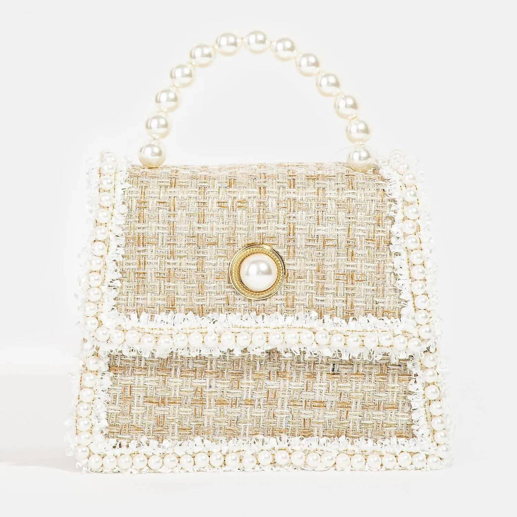 Pearly Studded Woven Handbag-Black.