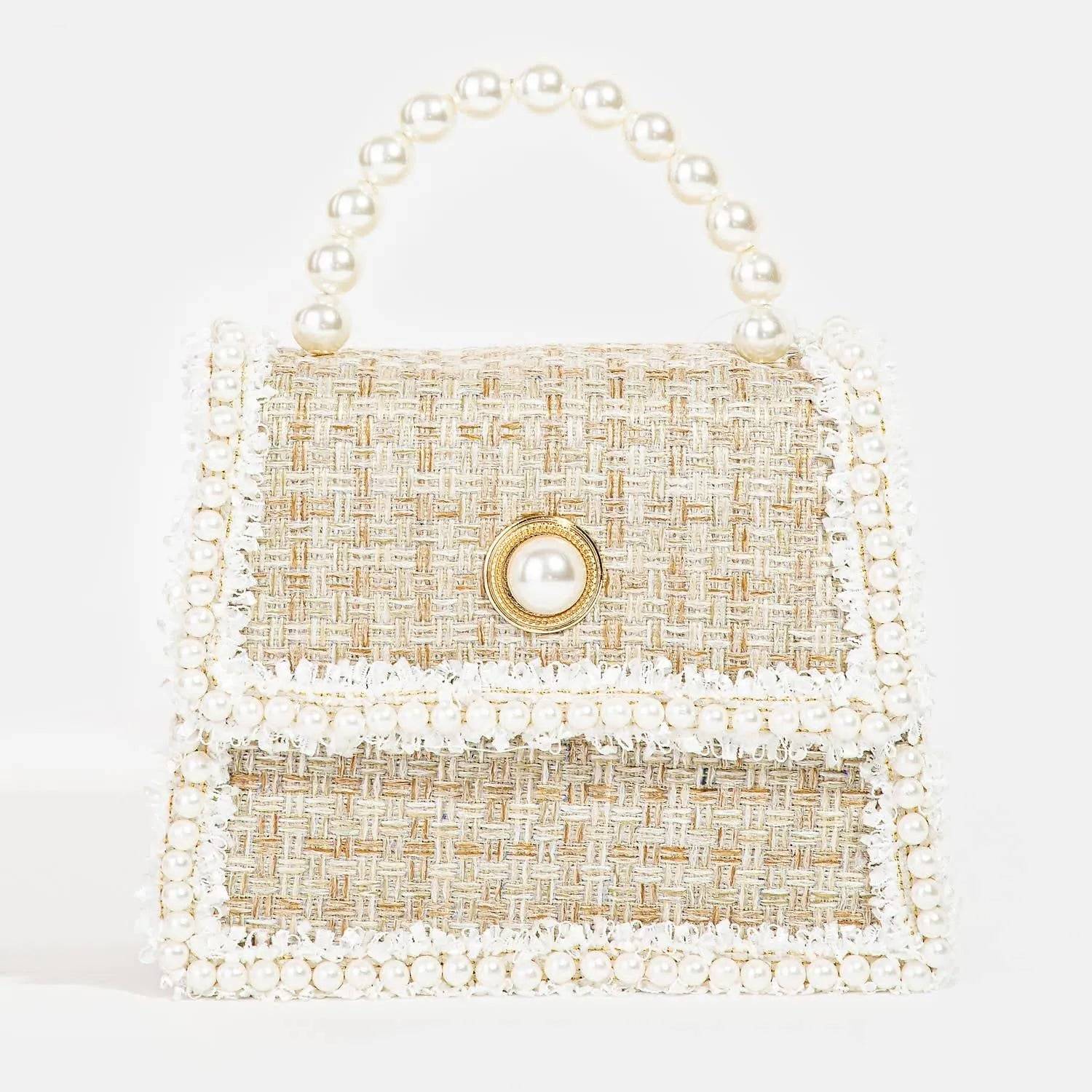 Pearly Studded Woven Handbag-Black.