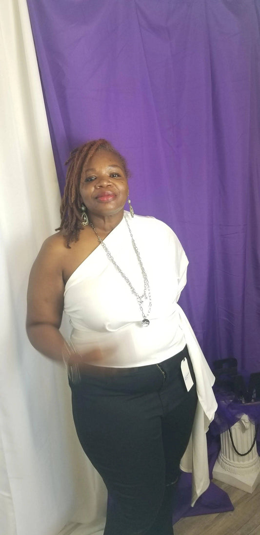 Plus Size One Shoulder Waist Strap Top-White.