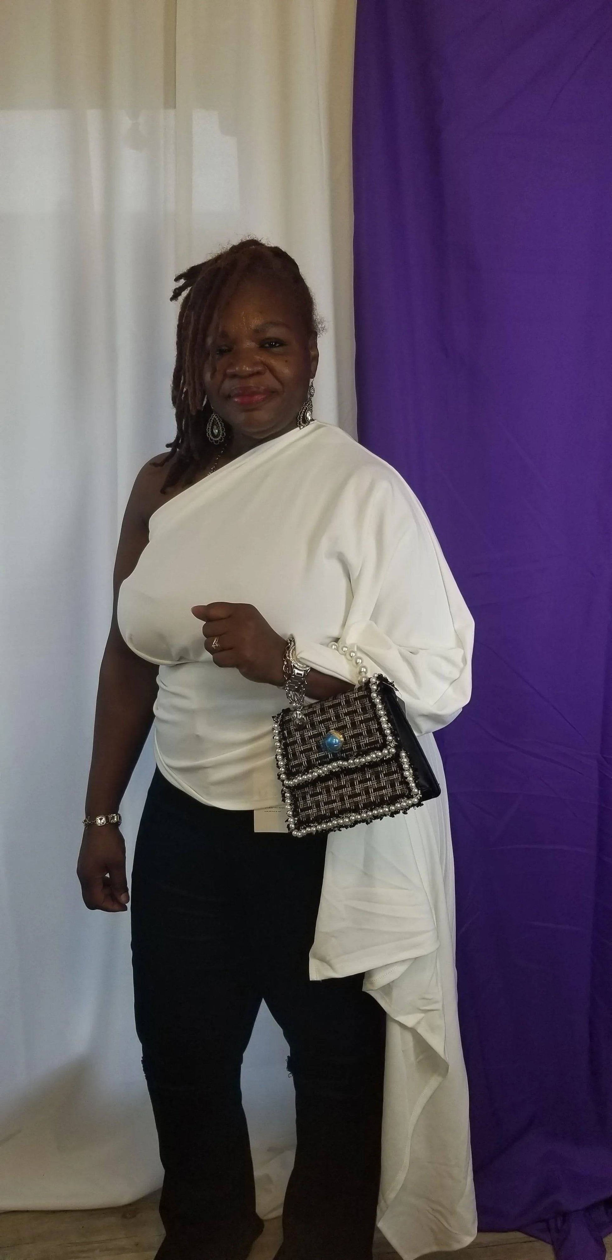 Plus Size One Shoulder Waist Strap Top-White.