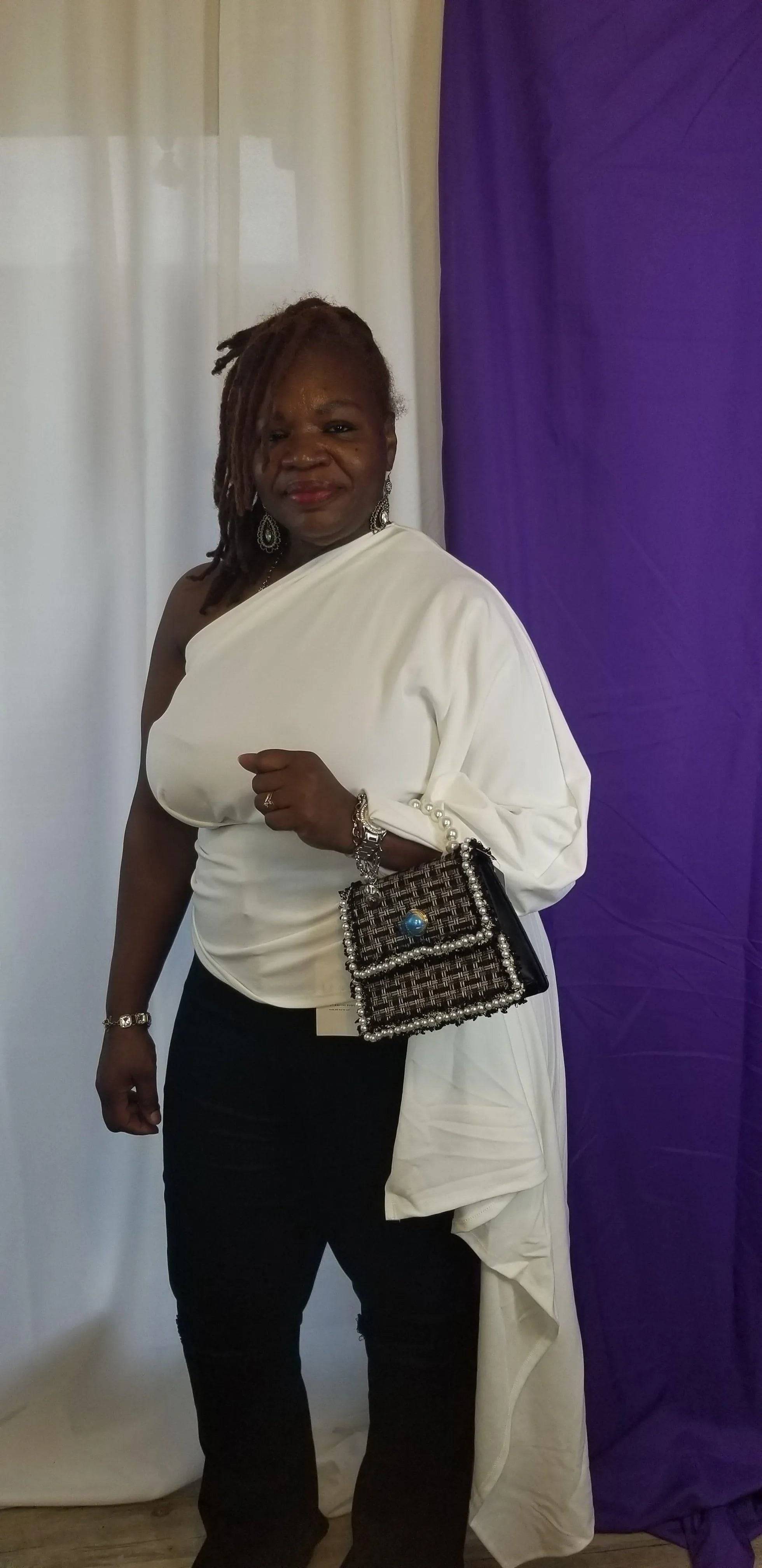 Plus Size One Shoulder Waist Strap Top-White.