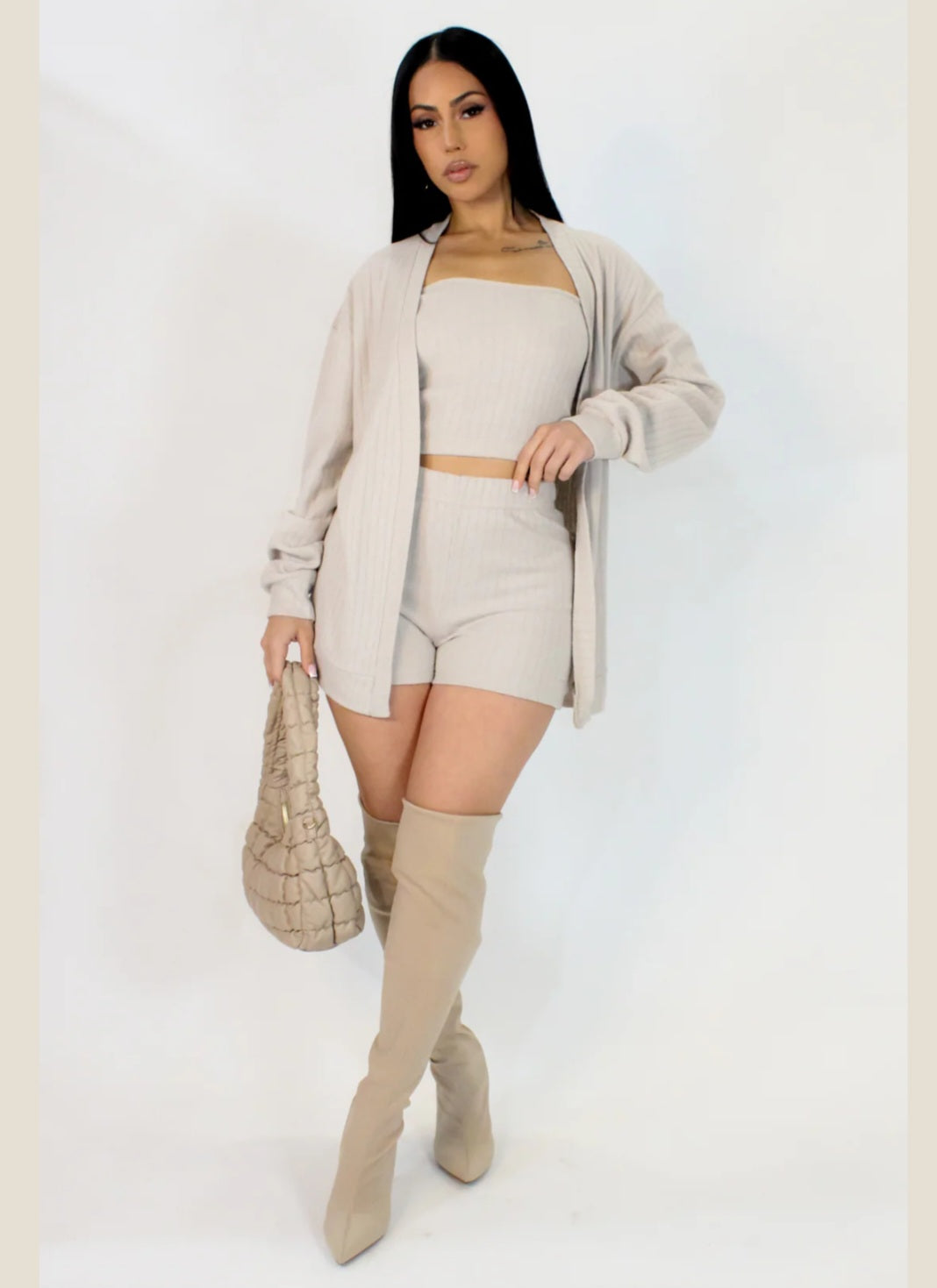 Cream 3 PC Short Set by My Sexy Black featuring a stylish top and shorts, perfect for a casual look.