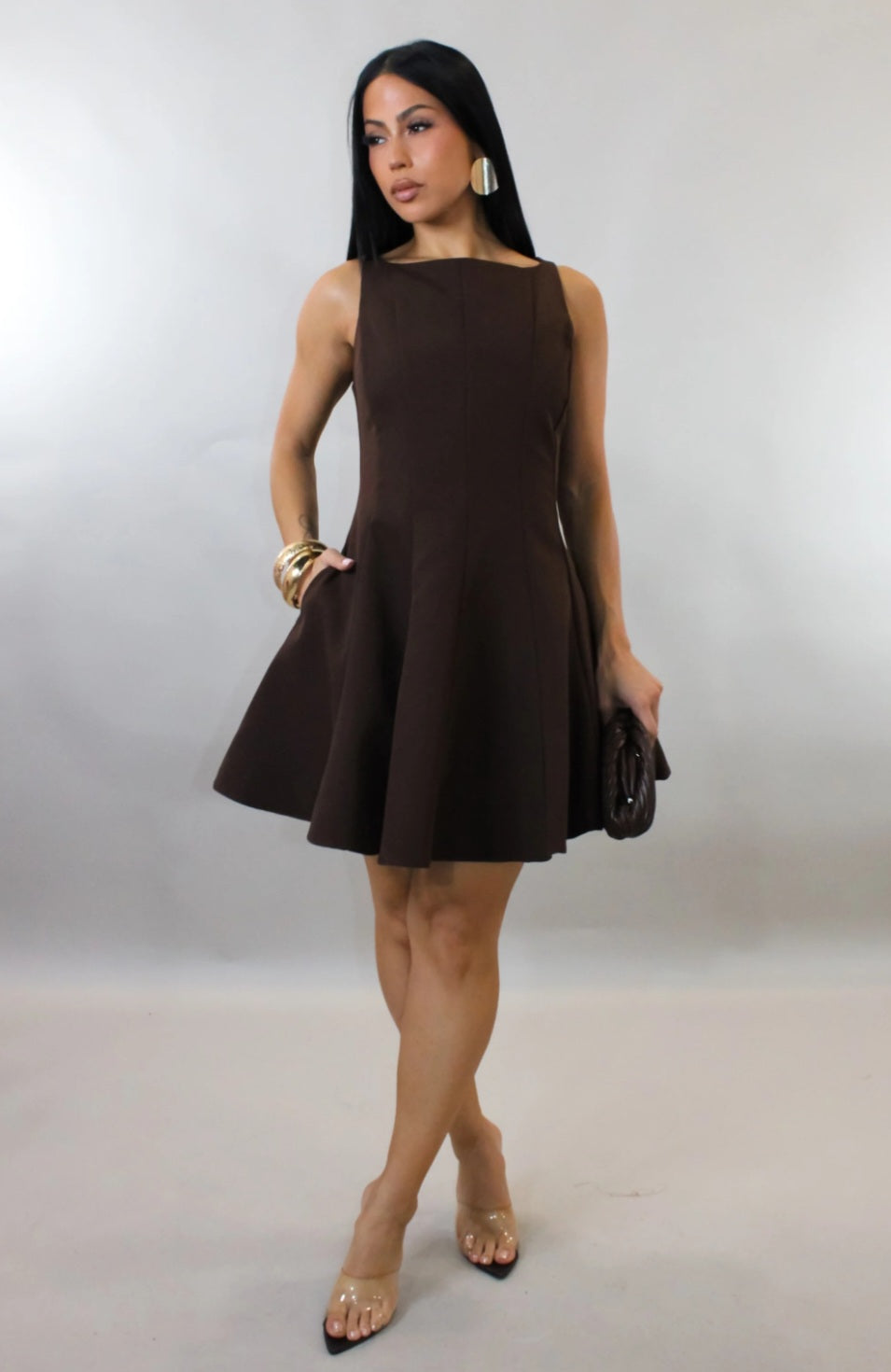 Sleeking Mini Dress-Brown