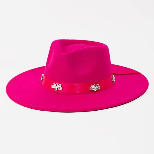 Studded Flower Rhinestone Strap Fedora Hat-Fuchsia.