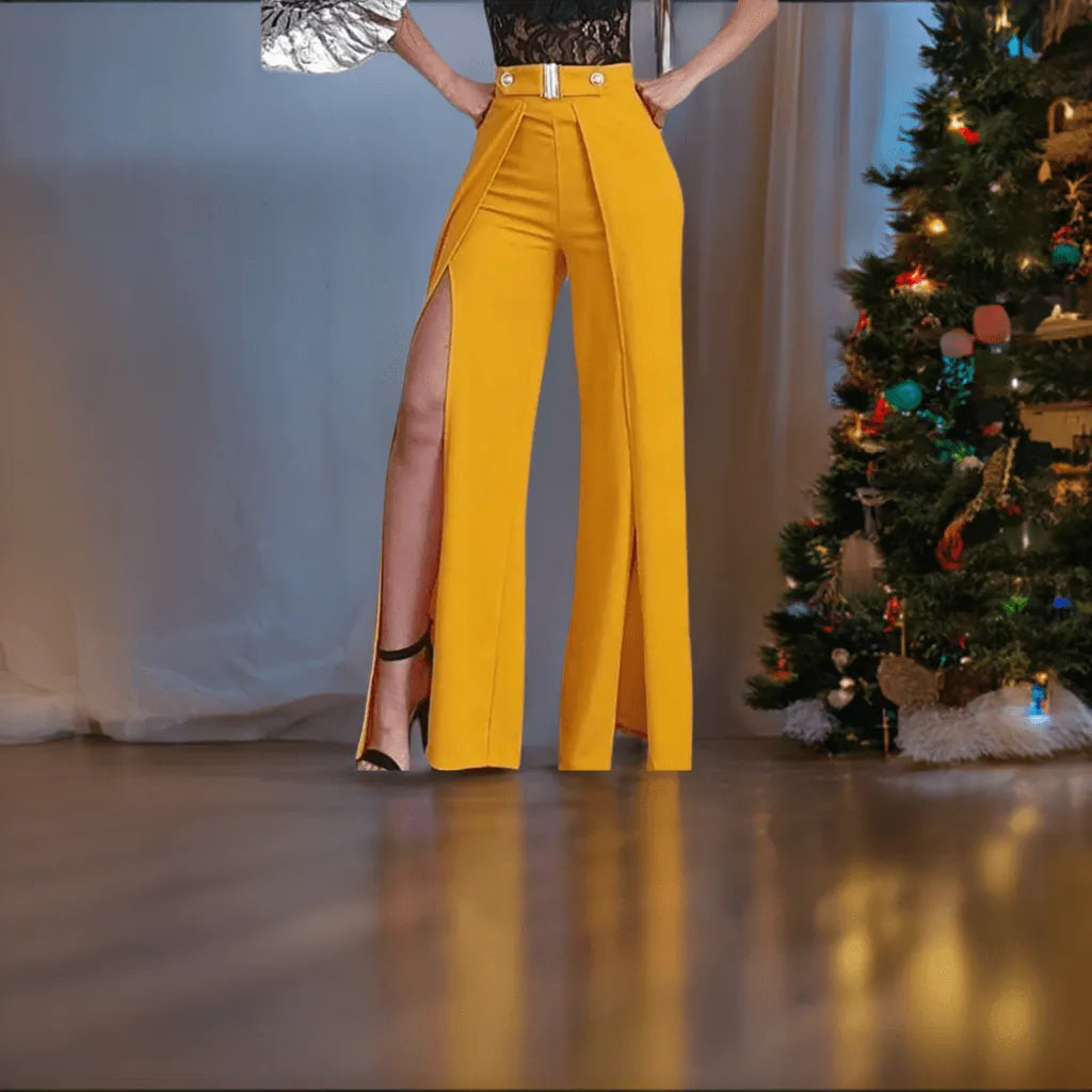Yellow Slim High Waist Slit Pants.