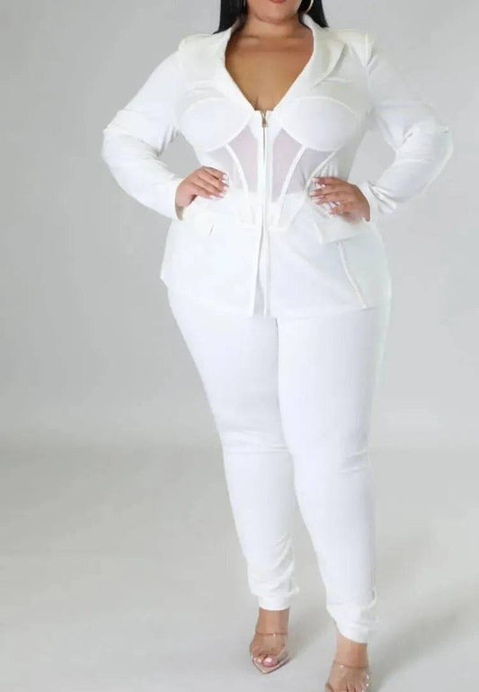 White sheer two-piece plus pants set by My Sexy Black Boutique, featuring a stylish, elegant design for fashionable occasions.