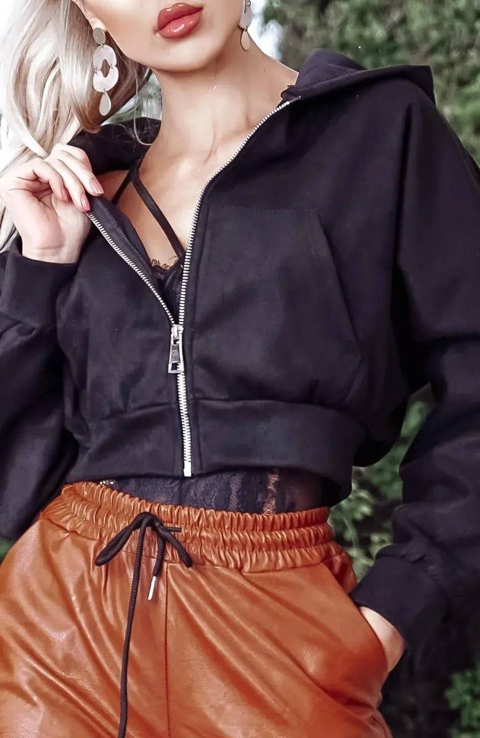 Stylish Dixie Suedette Black Hooded Jacket Women |  Mysexyblack 