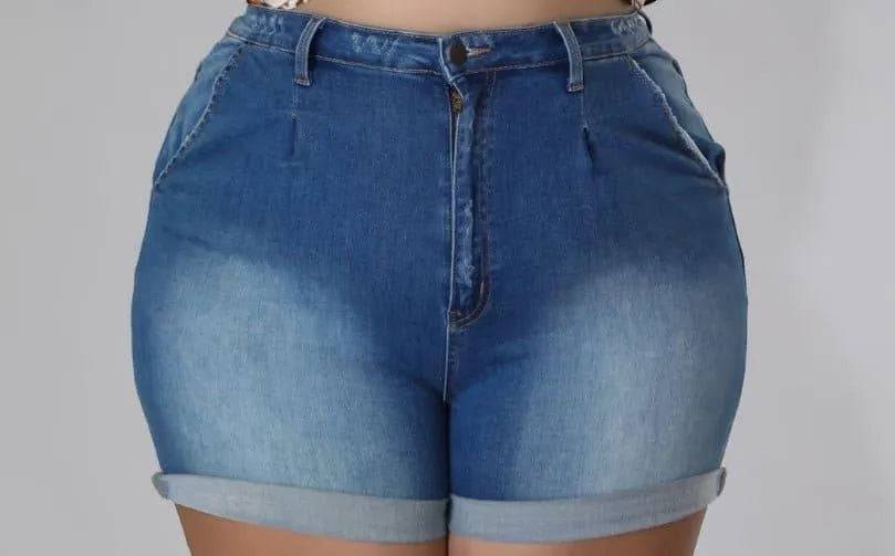 Pair of denim Lady Shorty Shorts by My Sexy Black Boutique, showcasing fit and style on a model.