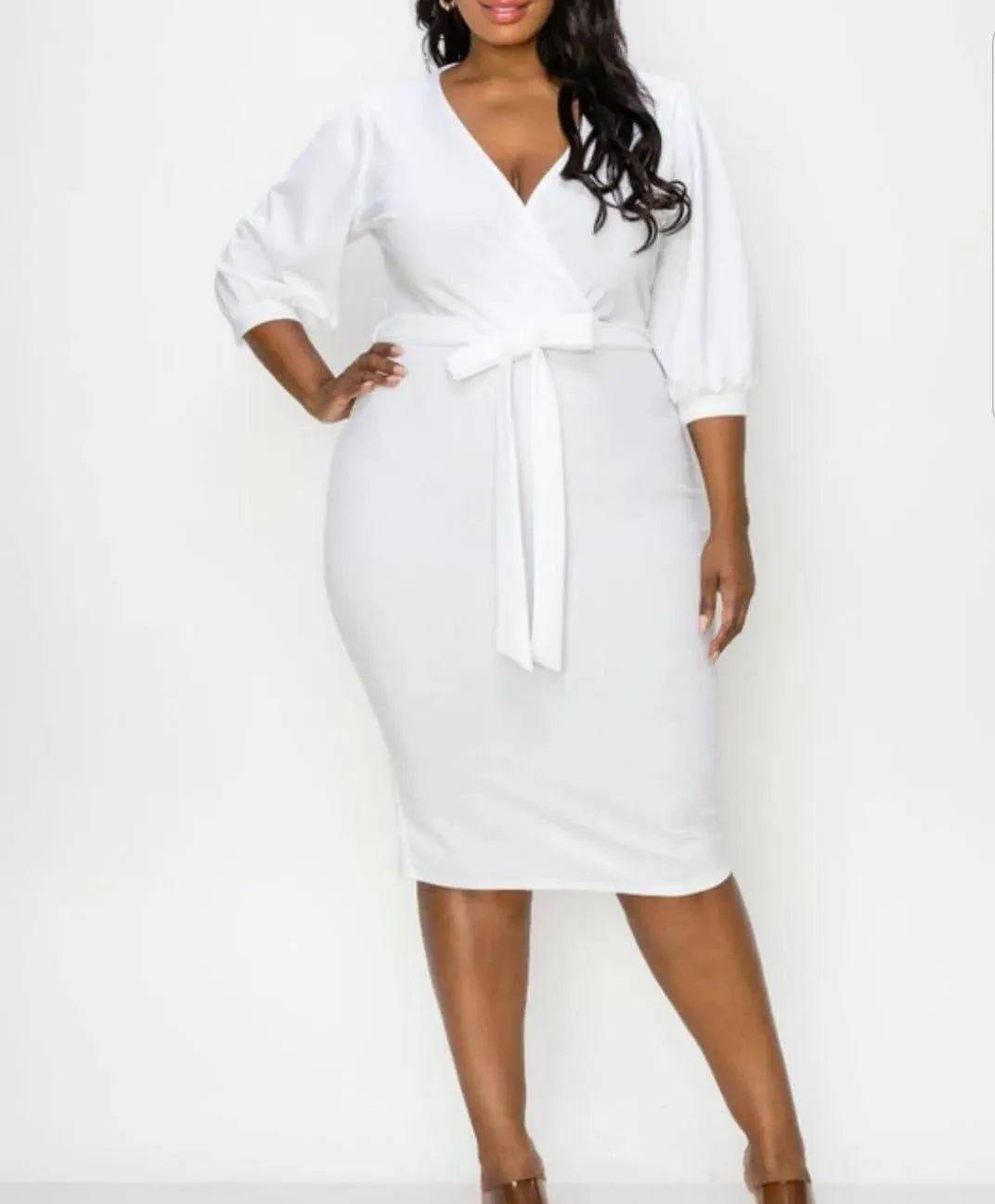 Chic Latoya White V-Neck Dress with Sleeves | Mysexyblack