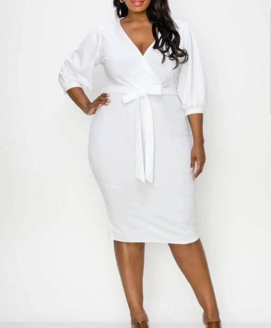 Chic Latoya White V-Neck Dress with Sleeves | Mysexyblack