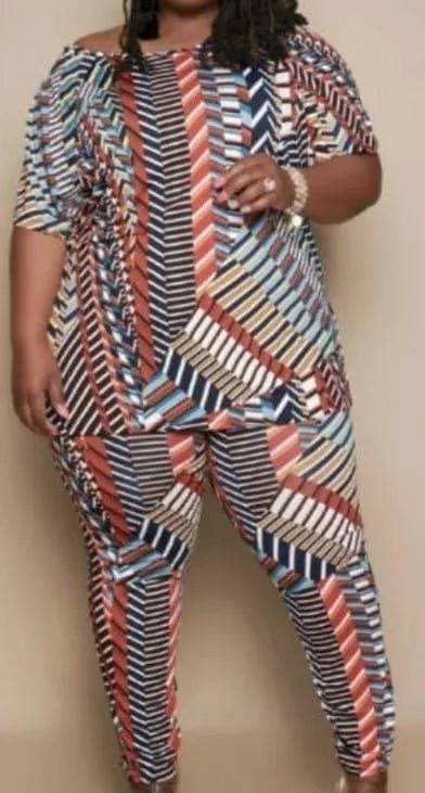 Plus size two-piece set in colorful print from My Sexy Black Boutique, featuring a coordinated top and bottom.