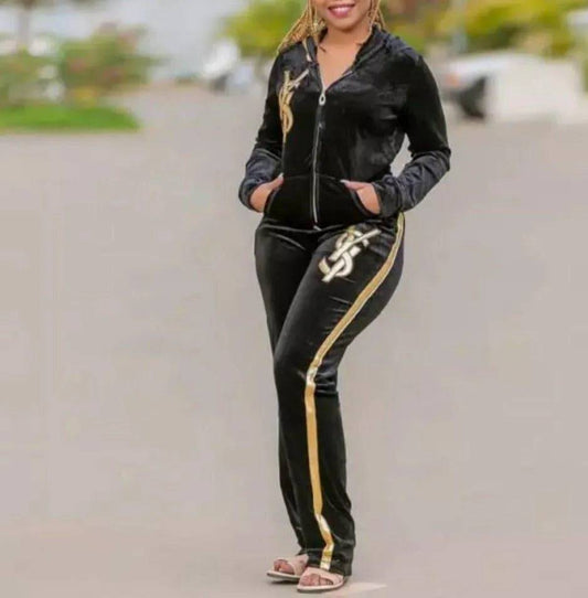 Black velvet fitness tracksuit by My Sexy Black Boutique, fitted design with hood and matching joggers for stylish workout wear.