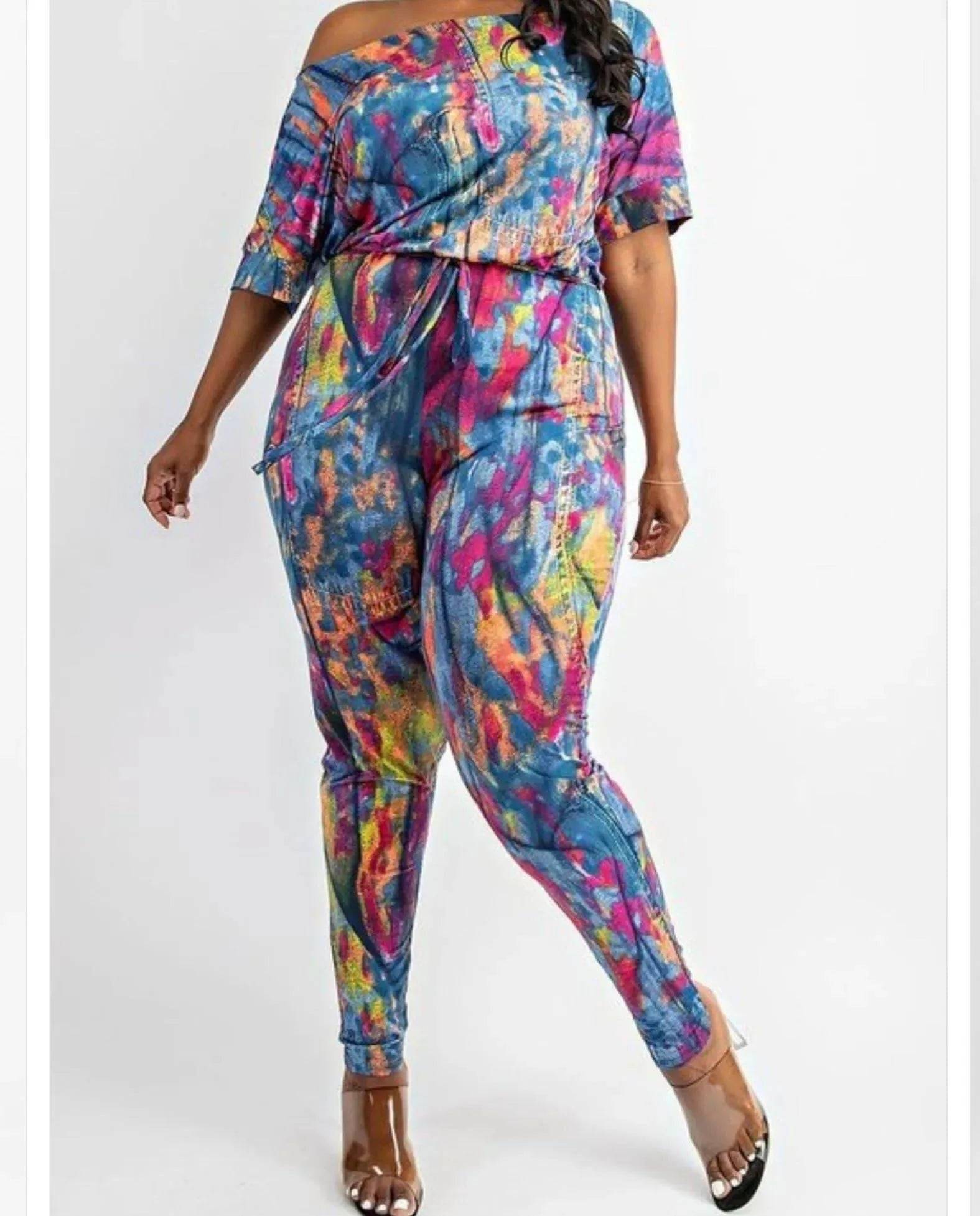 Blue Tie Dye Plus Jumpsuit-Tie Dye.