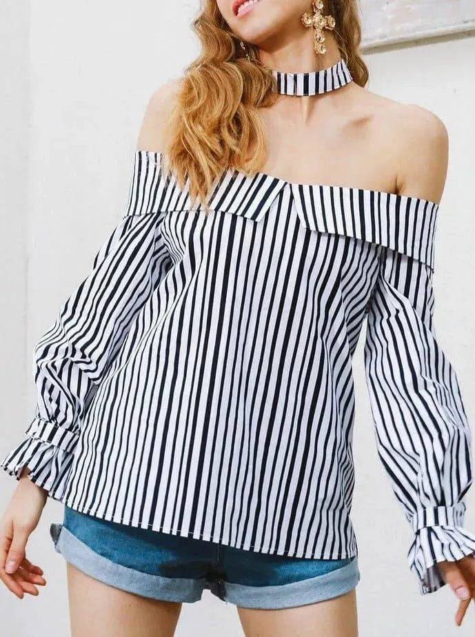 Carmalita Off Shoulder Stripe Shirt-Blue.